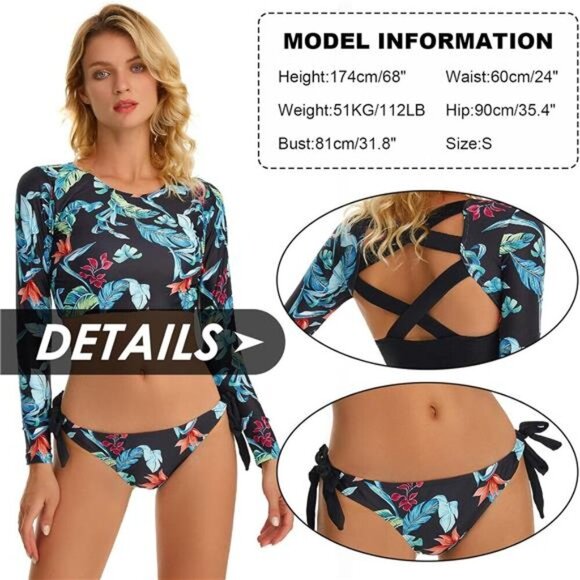 Women's Long Sleeve Rash Guard Swim Shirt Tankini Set UPF 50+ Quick-Dry - Picture 3 of 7
